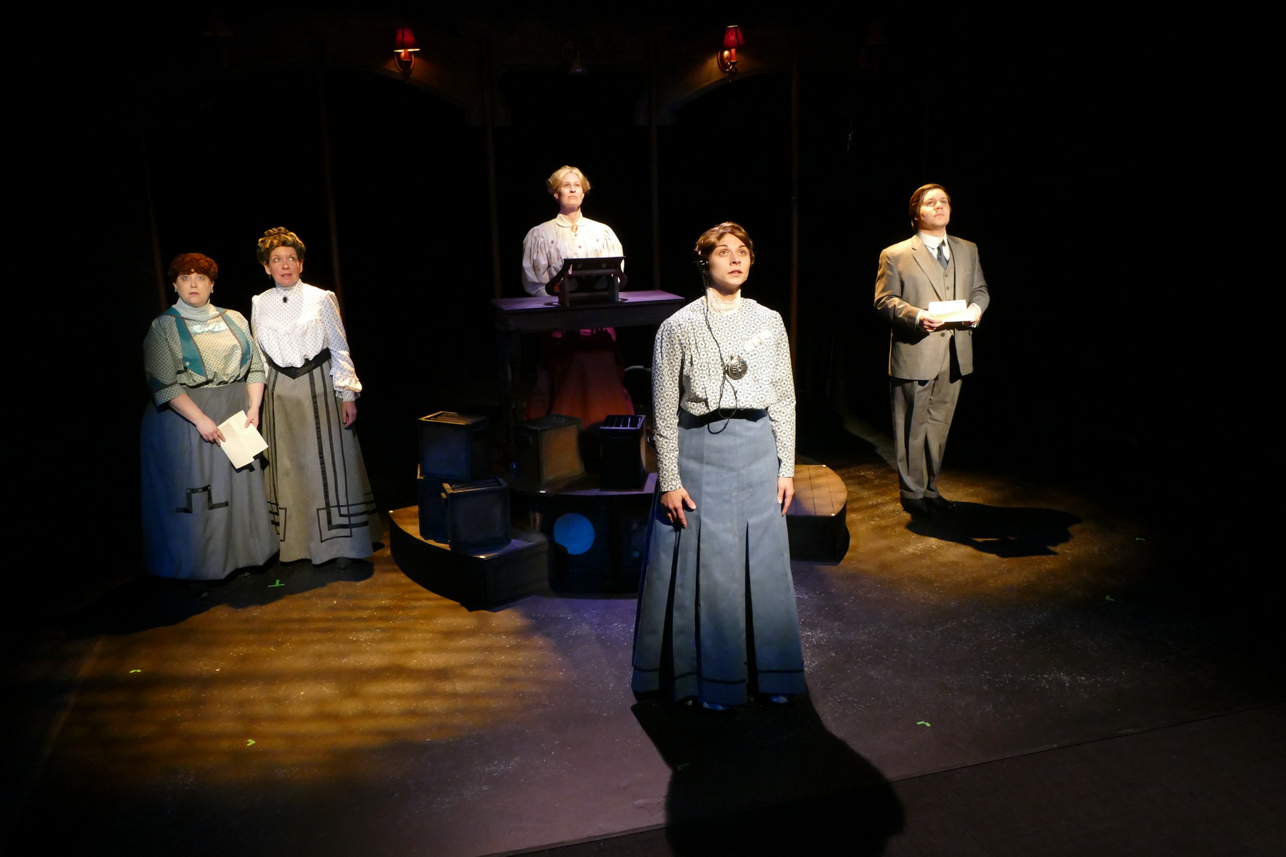 Cast of Silent Sky: front: Brittany Gaul as Henrietta Leavitt  Back: Molly Clay as Williamina Fleming and Pam Matthews as Annie Cannon, Jill Kenderes as Margaret Leavitt, and Andrew Keller as Peter Shaw