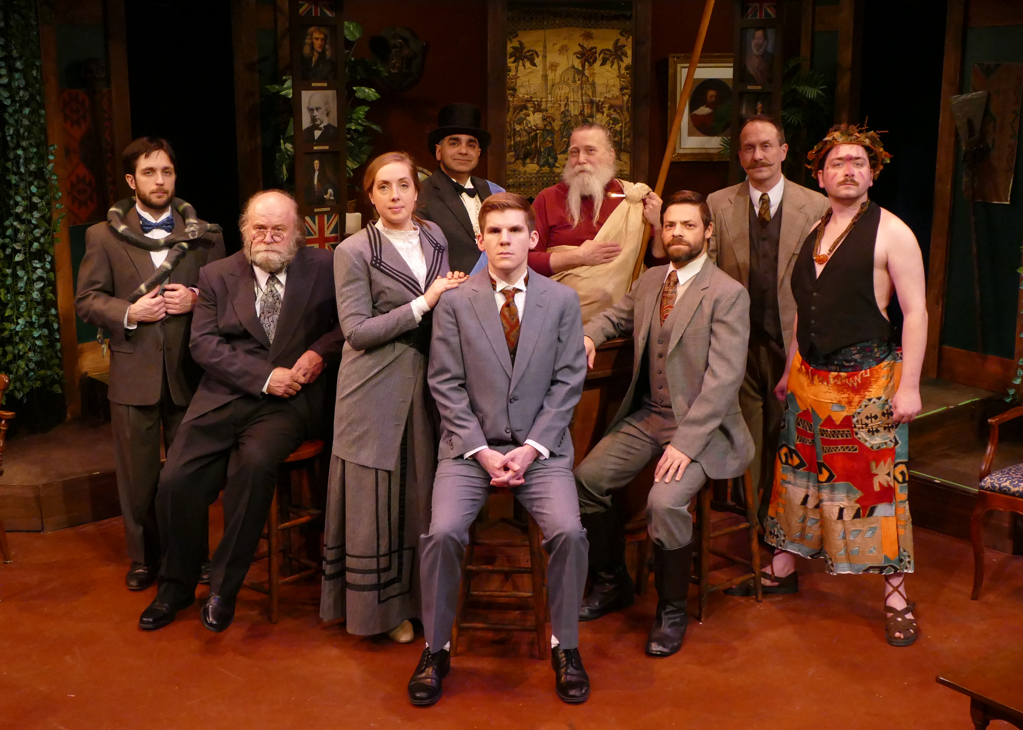 The Explorers Club cast: (left to right)   Mike Frye as Professor Cope, Robert Hawkes as Professor Sloane, Tiffany Trapnell as Phyllida Spotte-Hume and Countess Glamorgan, Corey Knick as Lucius Fretway, Assad Khaishgi as Sir Bernard Humphries, Tyson Douglas Rand as Beebe and Irish Assassin, Mark Rabkin as Harry Percy, Curt Arnold as Professor Walling and Colin P. McCauley as Luigi